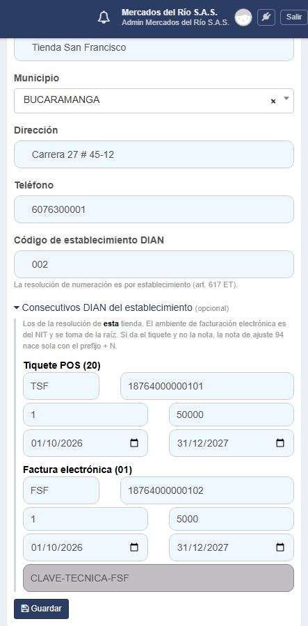 El formulario con los consecutivos