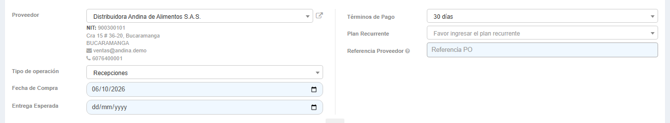 El encabezado de la orden