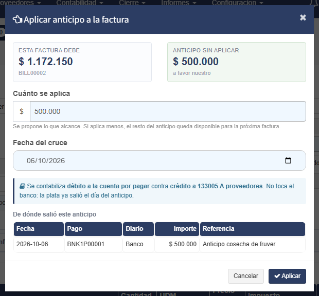 El cuadro para aplicar el anticipo