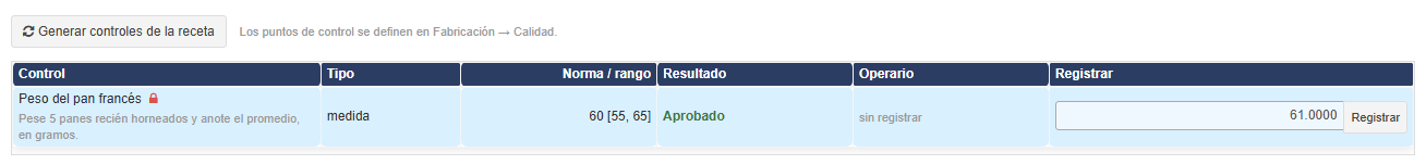 El control aprobado: 61 g, dentro de 55 a 65
