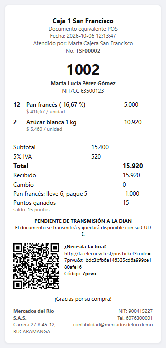 El recibo con promoción y puntos
