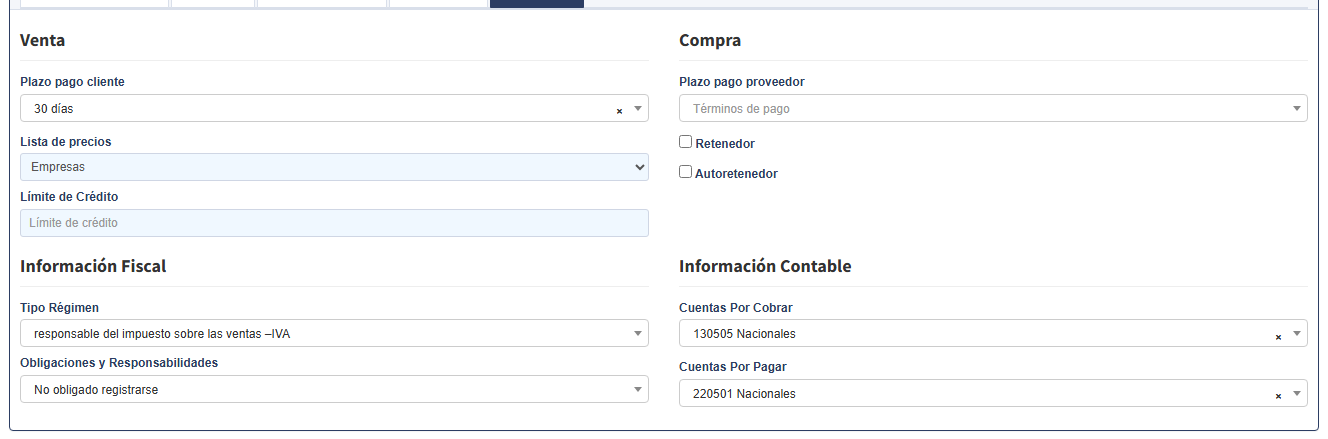 La lista en la ficha del cliente