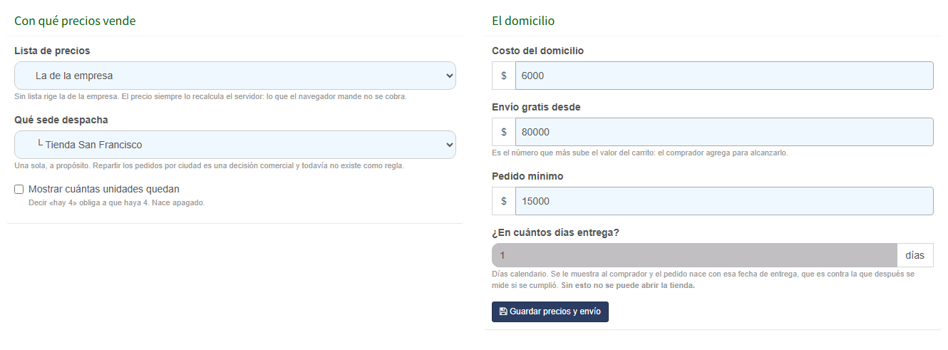 Precios y envío